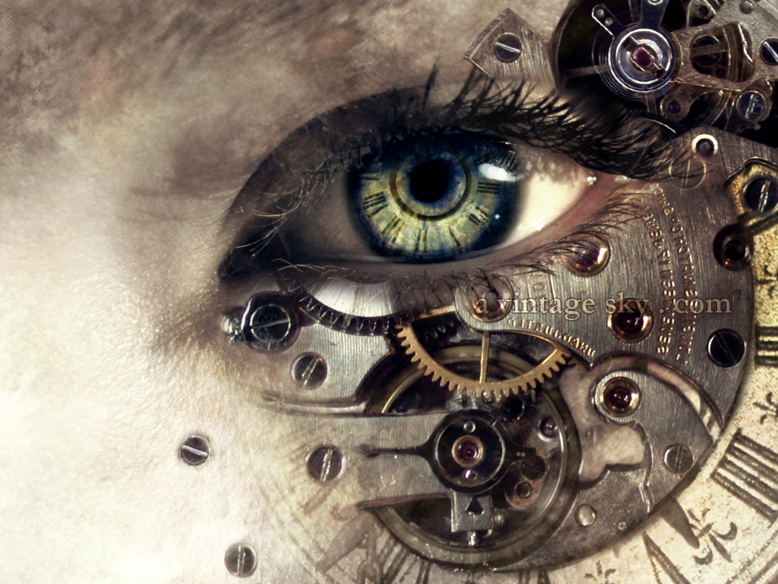 Steampunk Cyborg Eyes Gear Cogs Wallpaper Background