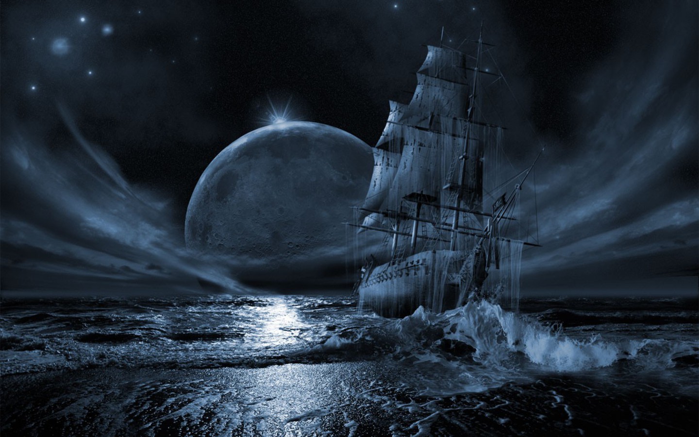 Moon And Ship Wallpaper HD