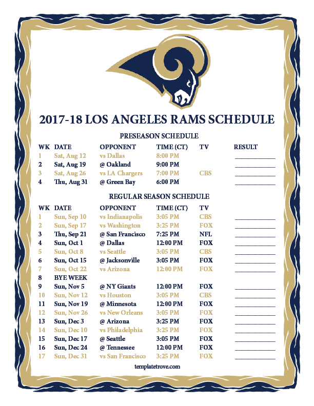Printable Los Angeles Rams Schedule