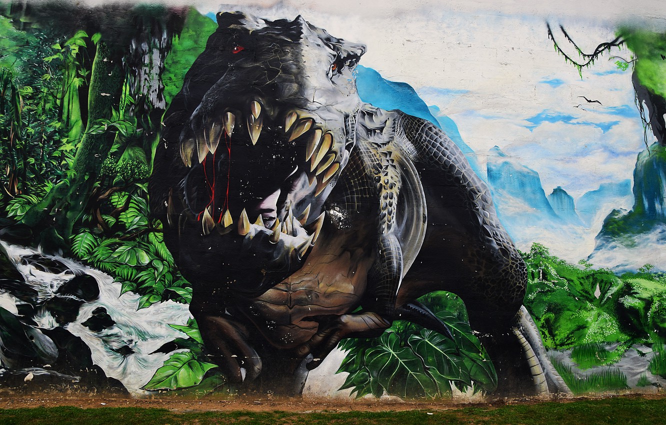 Wallpaper Wall Graffiti Dinosaur Mouth Roar T Rex