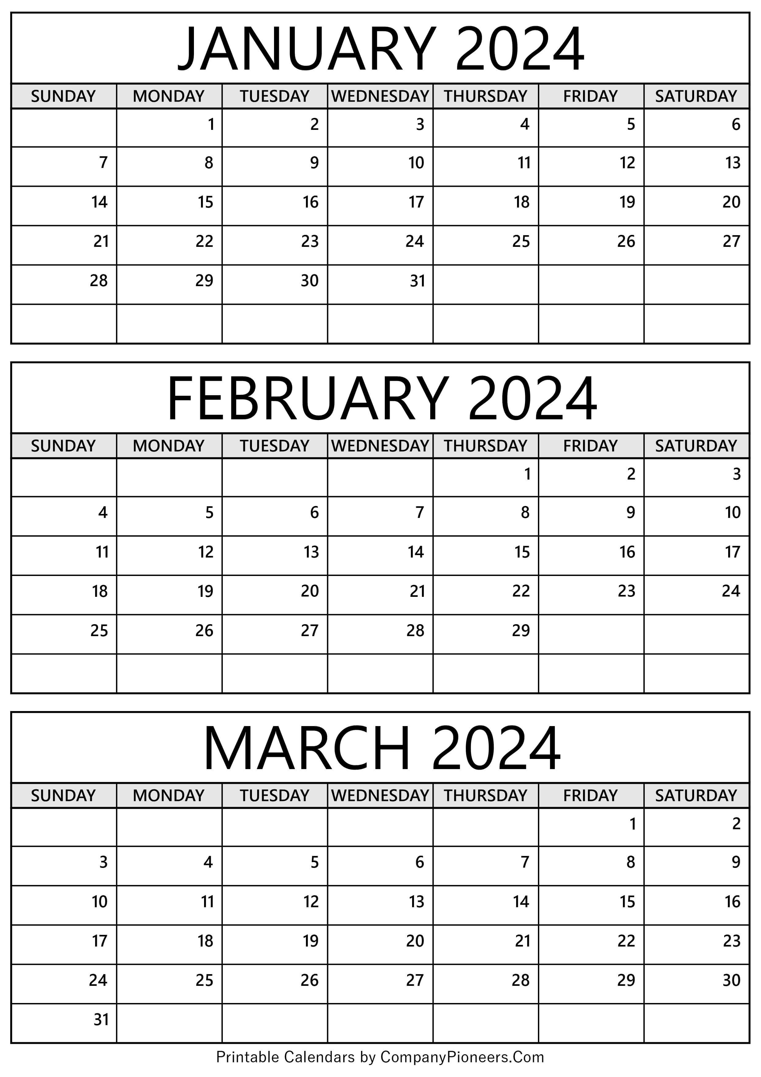Calendar for January, February, and March 2024