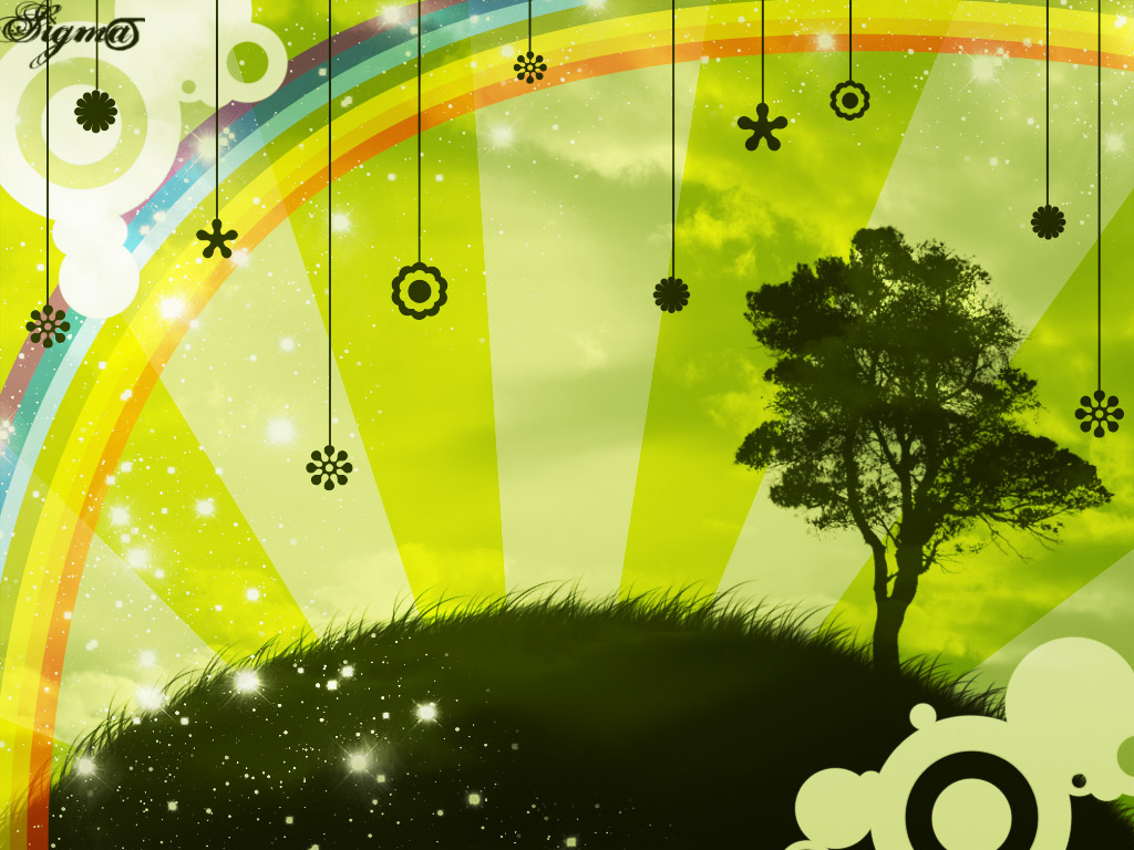 A whimsical landscape with a lone tree on a hill against a bright yellow sky with a rainbow arc and hanging flower shapes