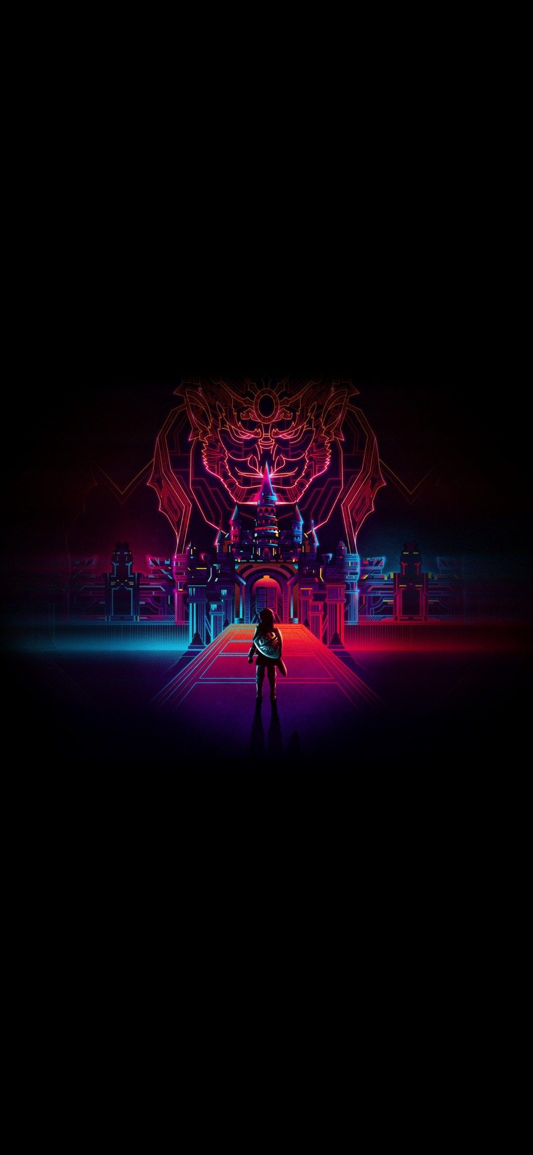 Neon-lit silhouette of Link facing Hyrule Castle in a dark, abstract landscape, AMOLED 4K wallpaper