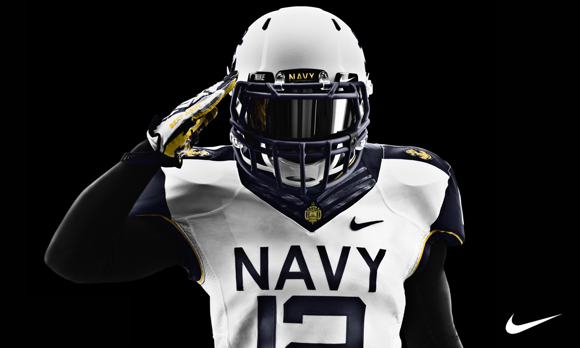 Navy Football Player in Nike Uniform Saluting