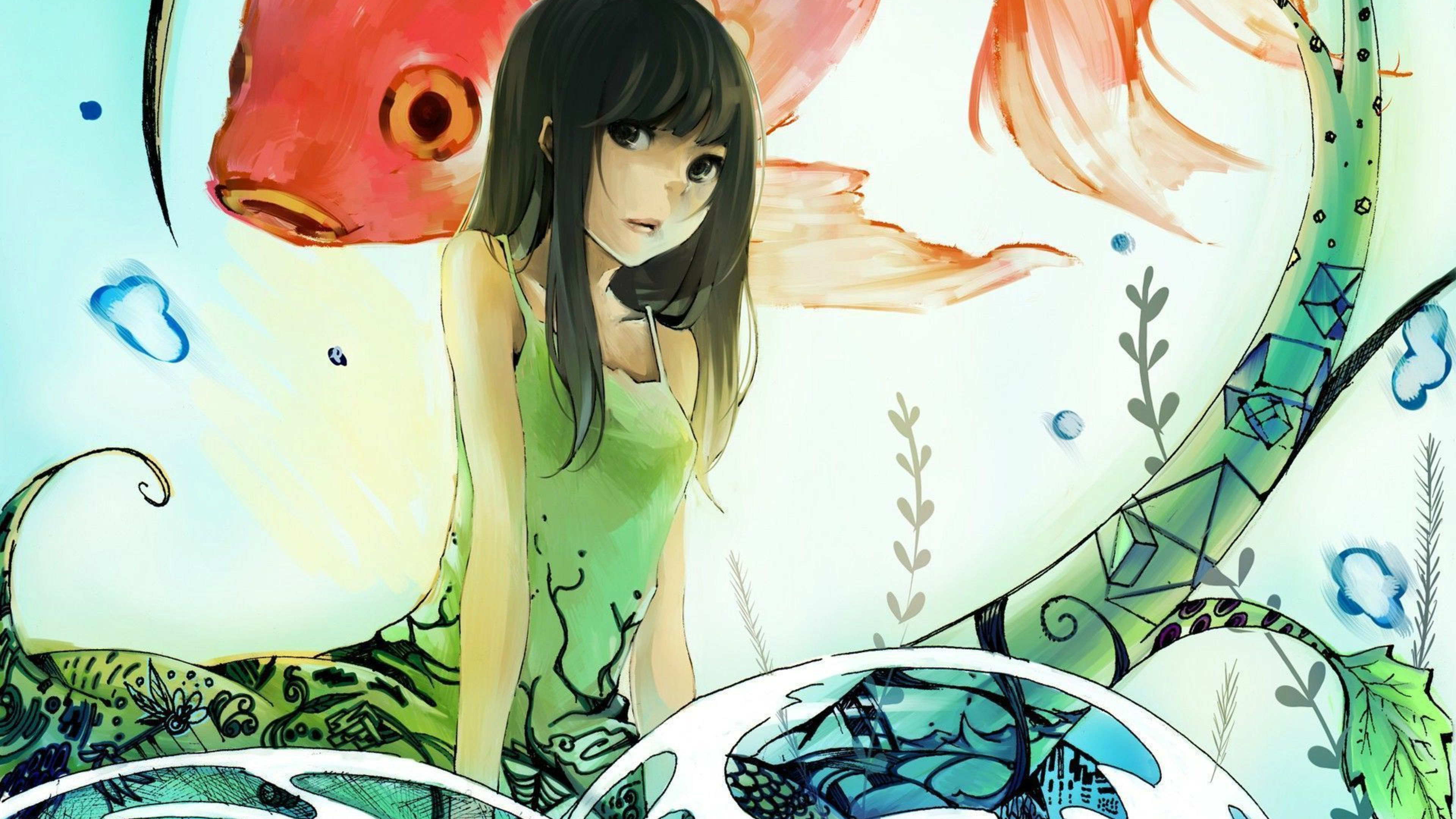 Anime Girl And Koi Fish 4K Wallpaper