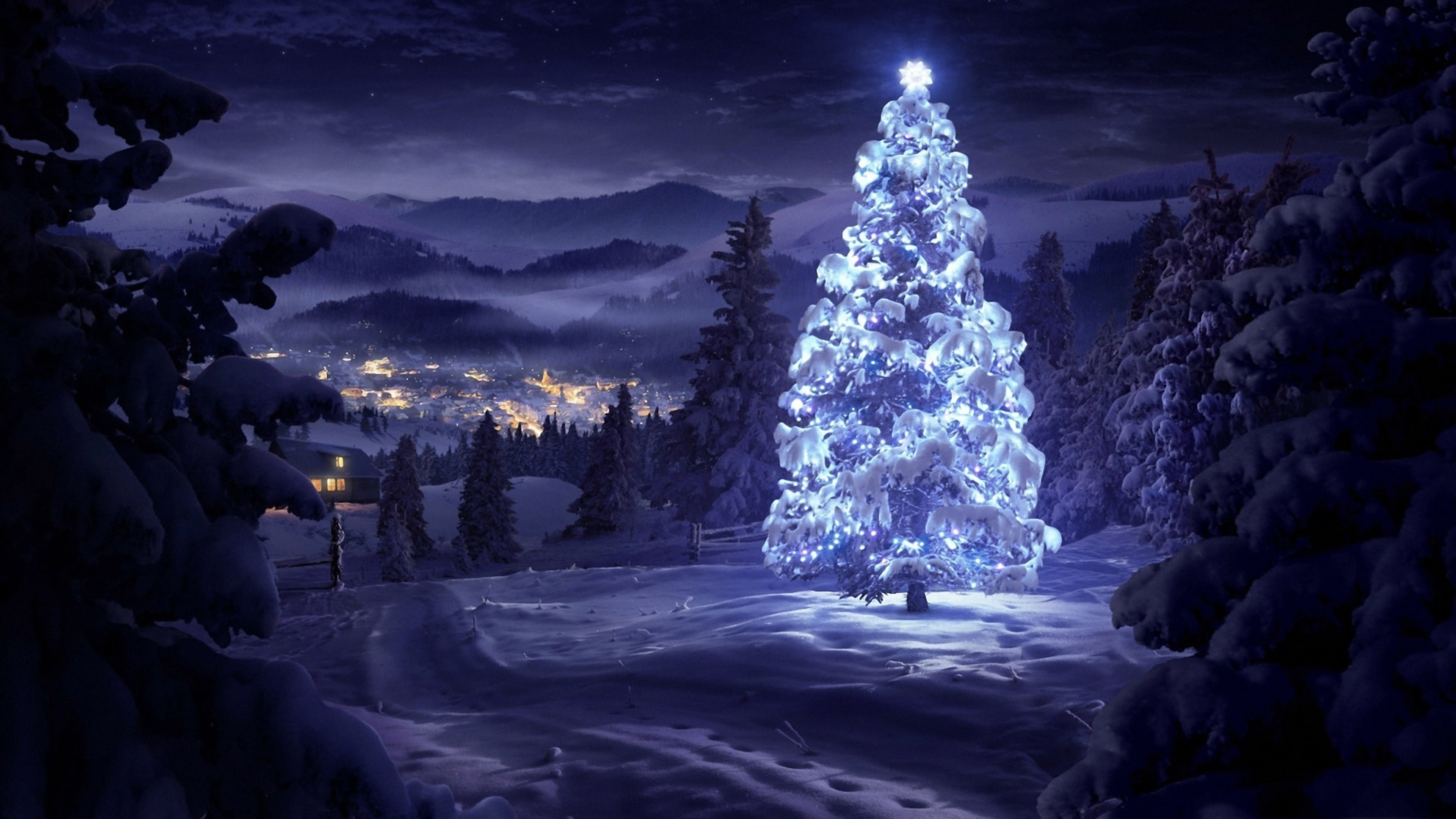 A preppy Christmas tree glowing with white lights in a snowy mountain landscape at night. A small village with lit-up houses can be seen in the background, creating a magical and festive atmosphere