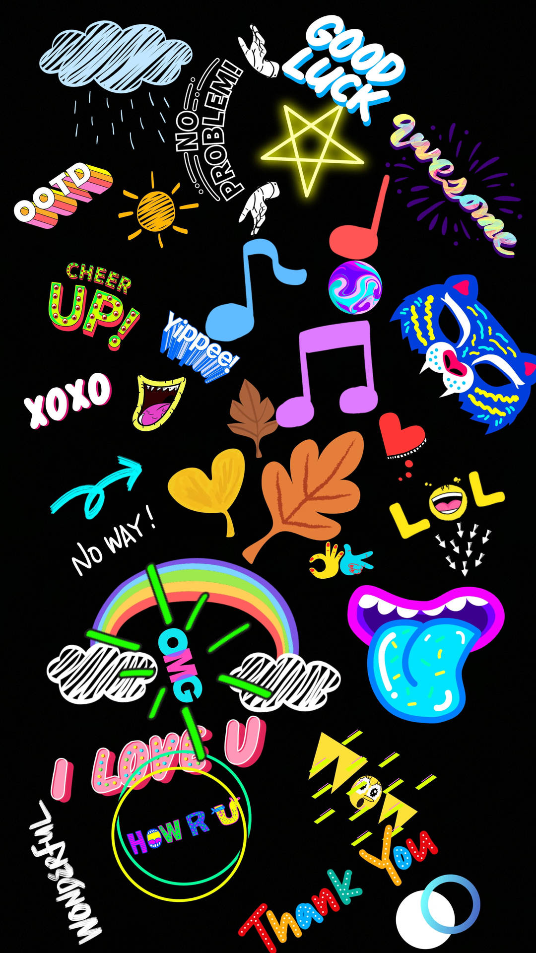 A vibrant collage of digital stickers and emojis on a black background. The collage includes phrases like 