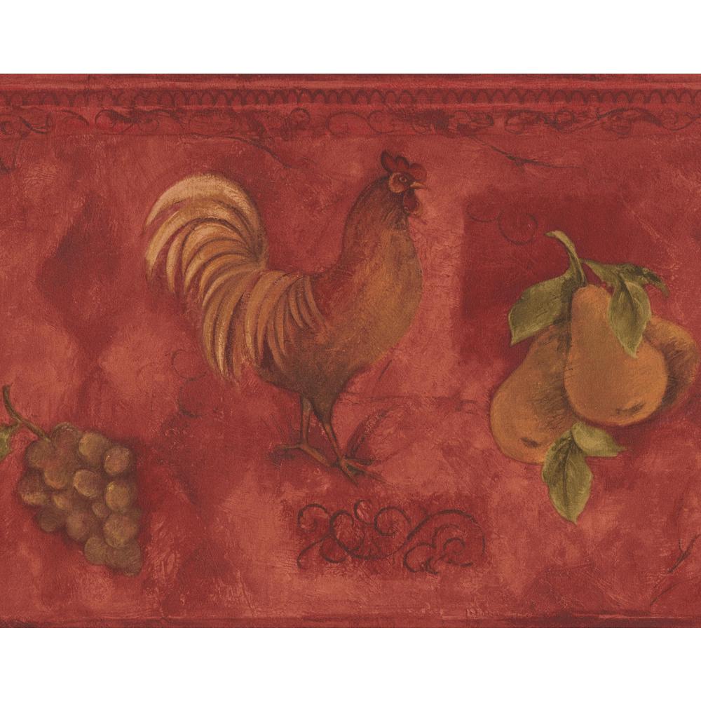 Norwall Rooster Grapes Pears Cherries Red Prepasted Wallpaper