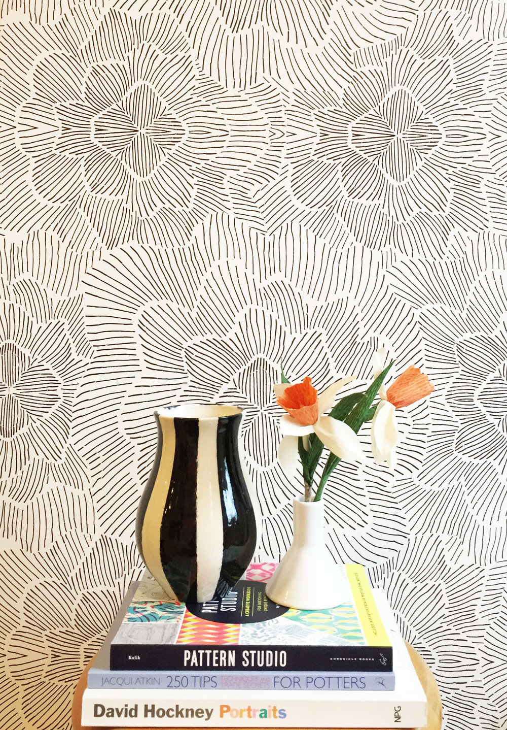 Pinstripe Floral Black And White Wallpaper Kate Zaremba Company