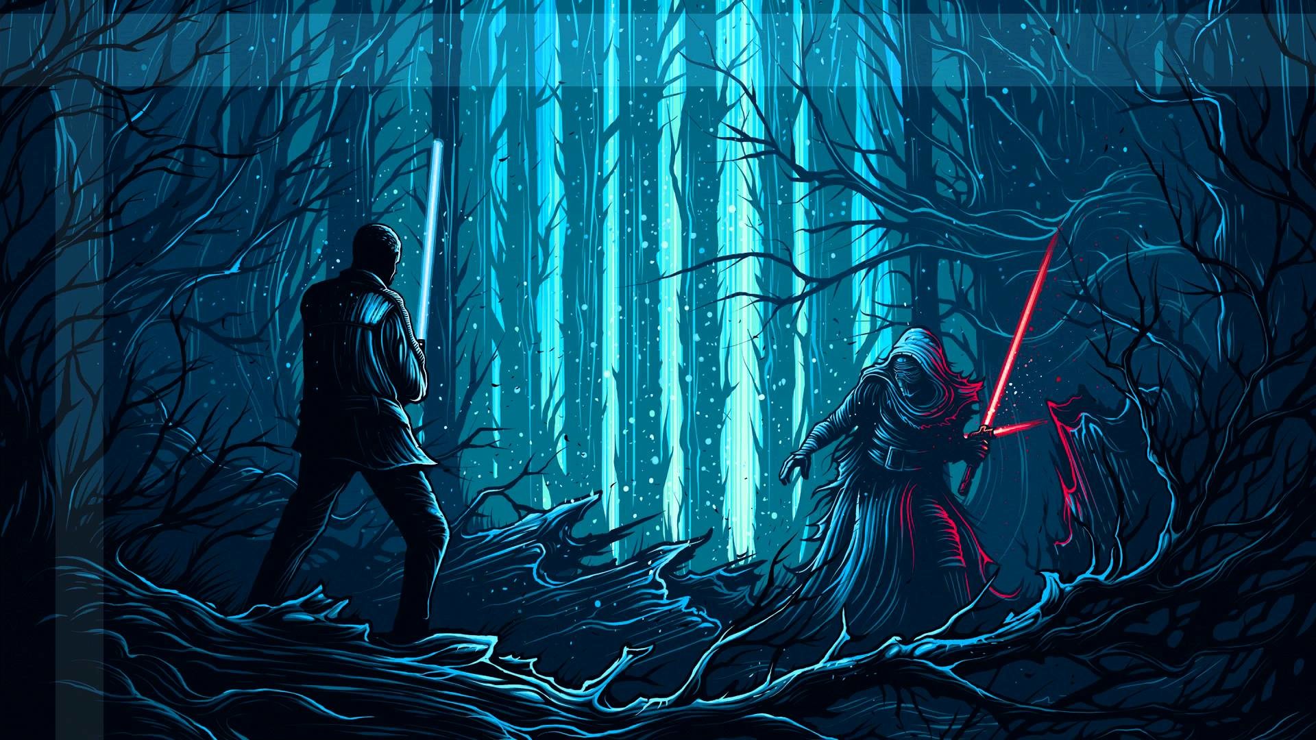 A digital artwork depicting a lightsaber duel in a dark, snowy forest between two characters. The character on the left wields a blue lightsaber, while the character on the right wields a red lightsaber. The scene evokes a sense of intense conflict and mysterious atmosphere