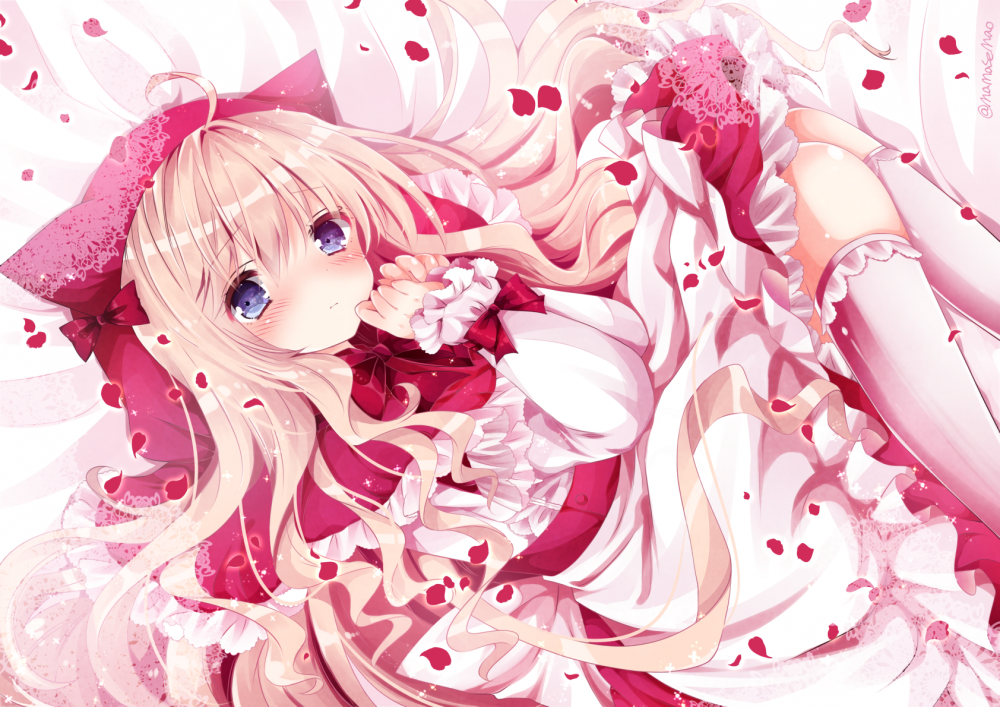 Download 1366x768 Anime Girl Dress Pink Hair Lying Down Shy