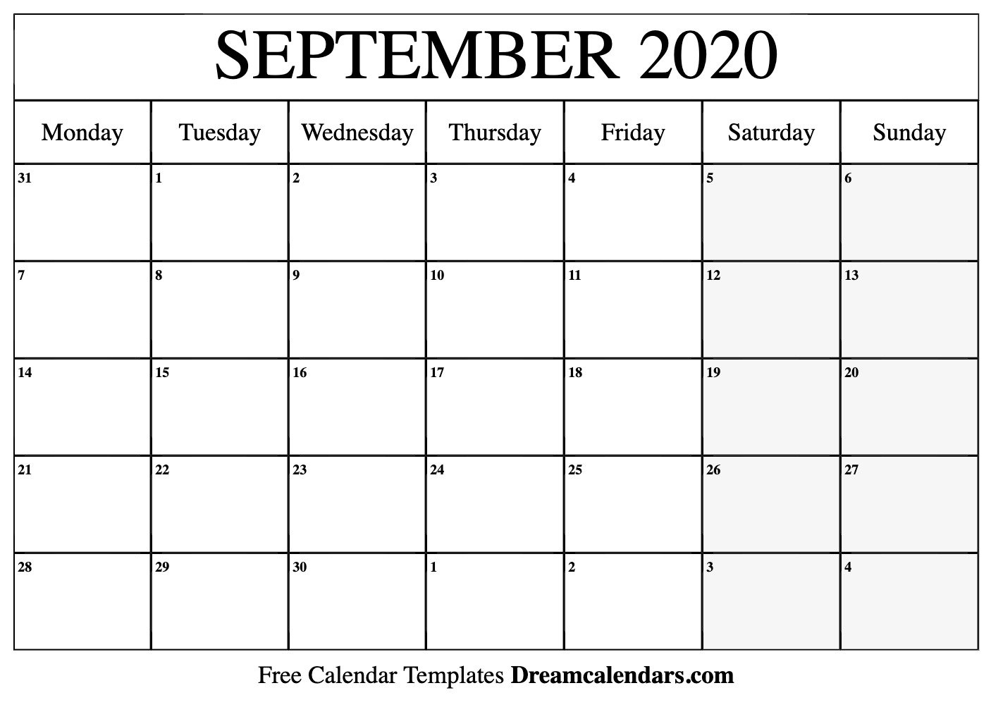 September 2020 Printable Calendar Dream Calendars 1406x1020
