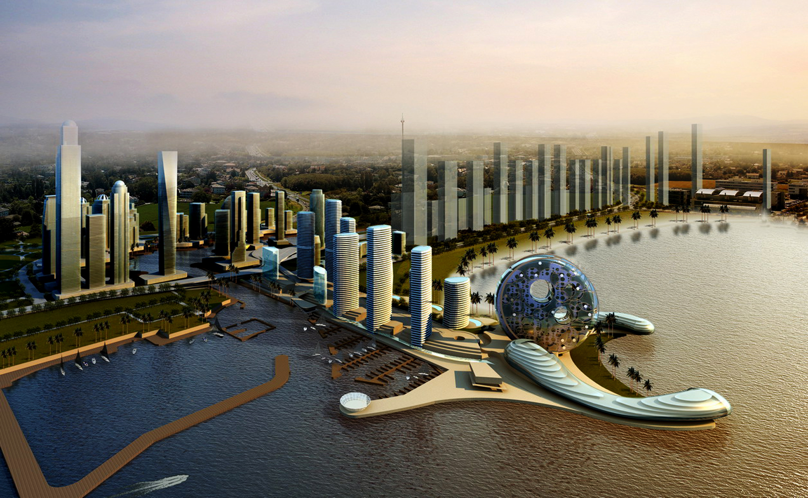 Futuristic Architecture Promenade Dubai Skyscrapers Desktop Wallpaper