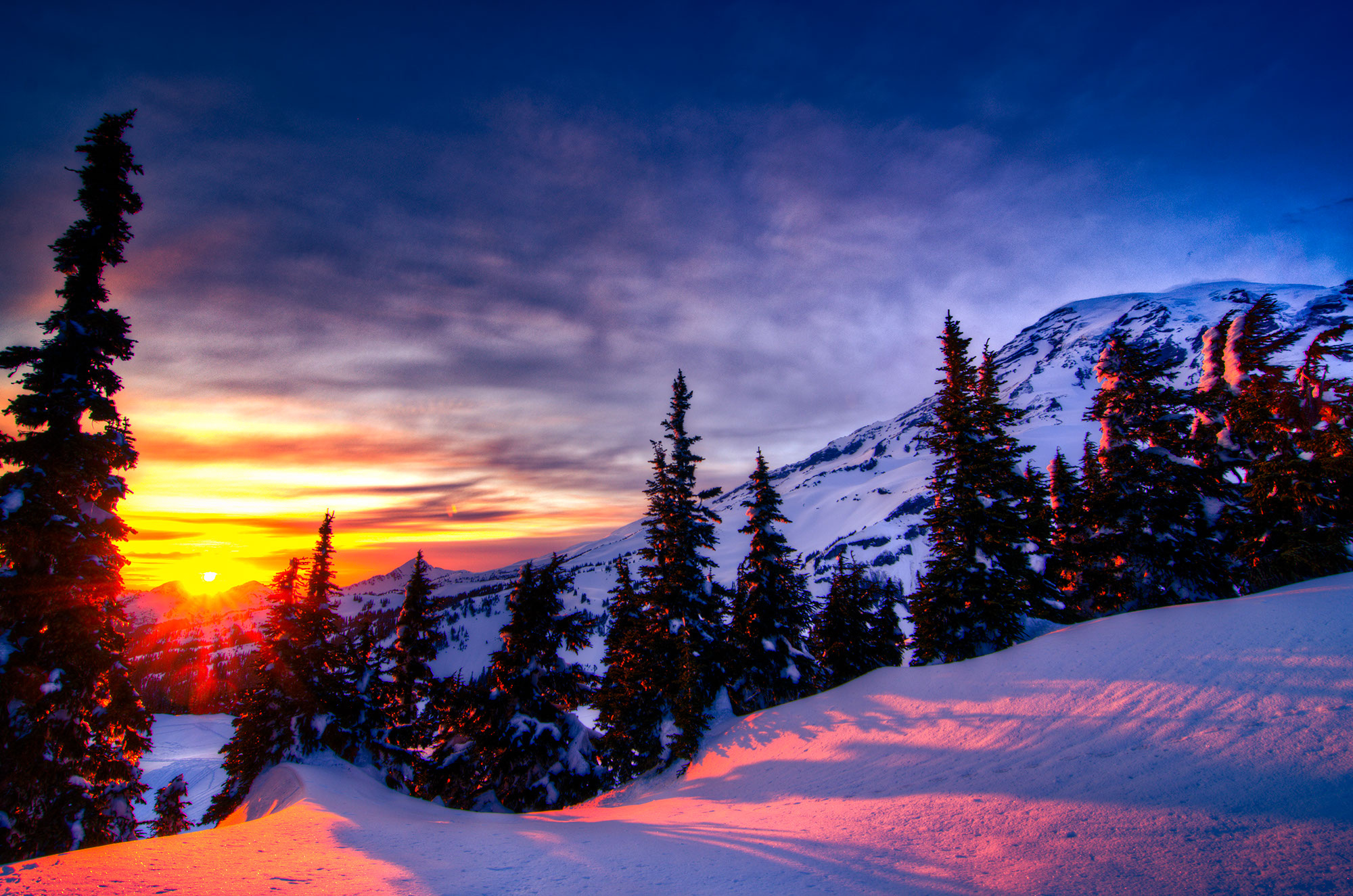 Sunset Winter Trees Mountains Landscape Wallpaper Background