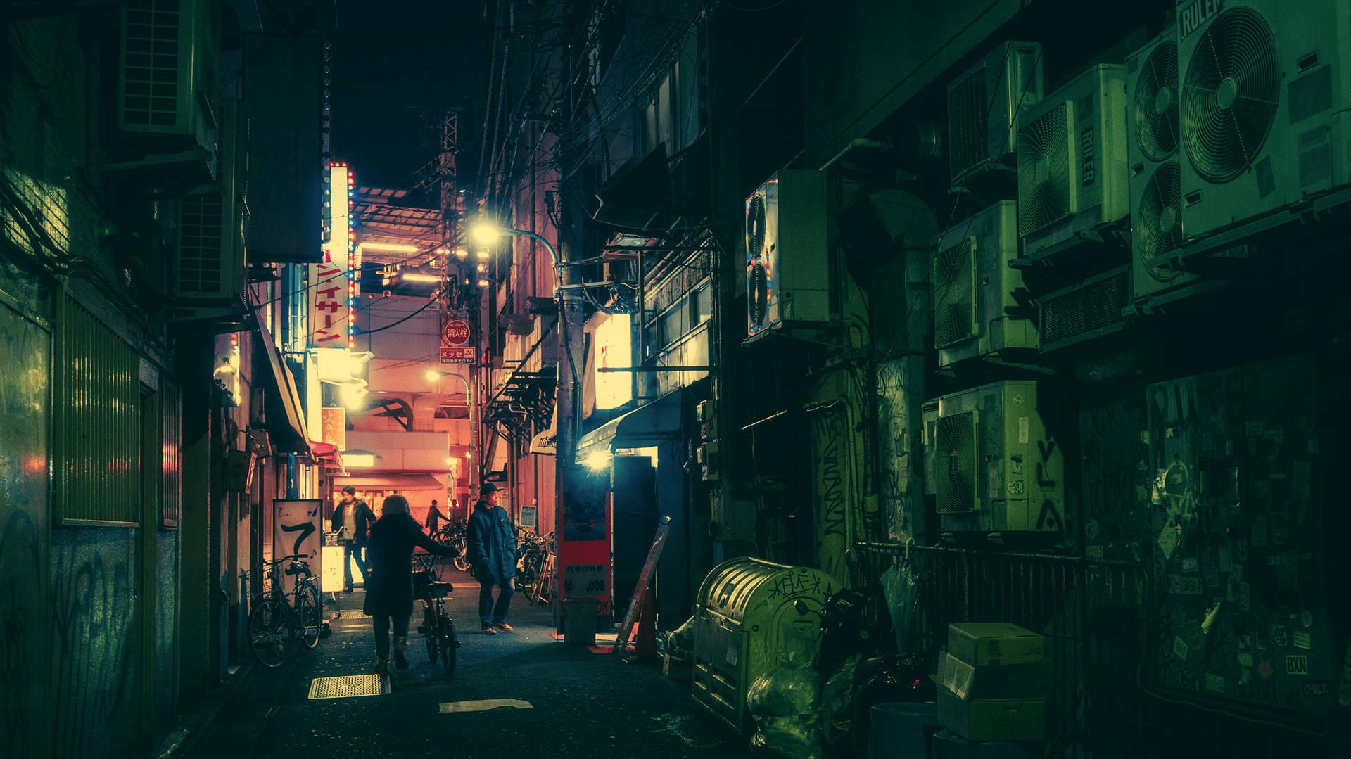 A Dark Tokyo Street Showing Traditional Japanese