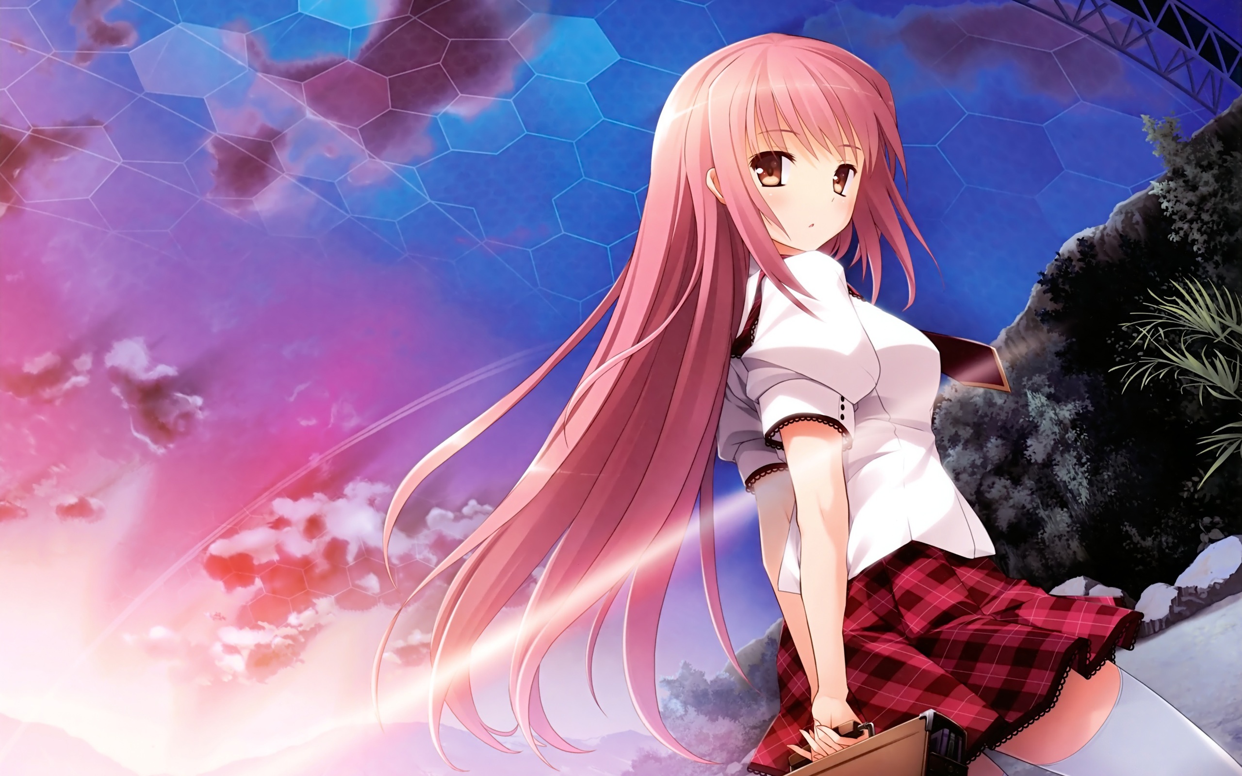 Anime girl with long pink hair standing against a vibrant sky backdrop