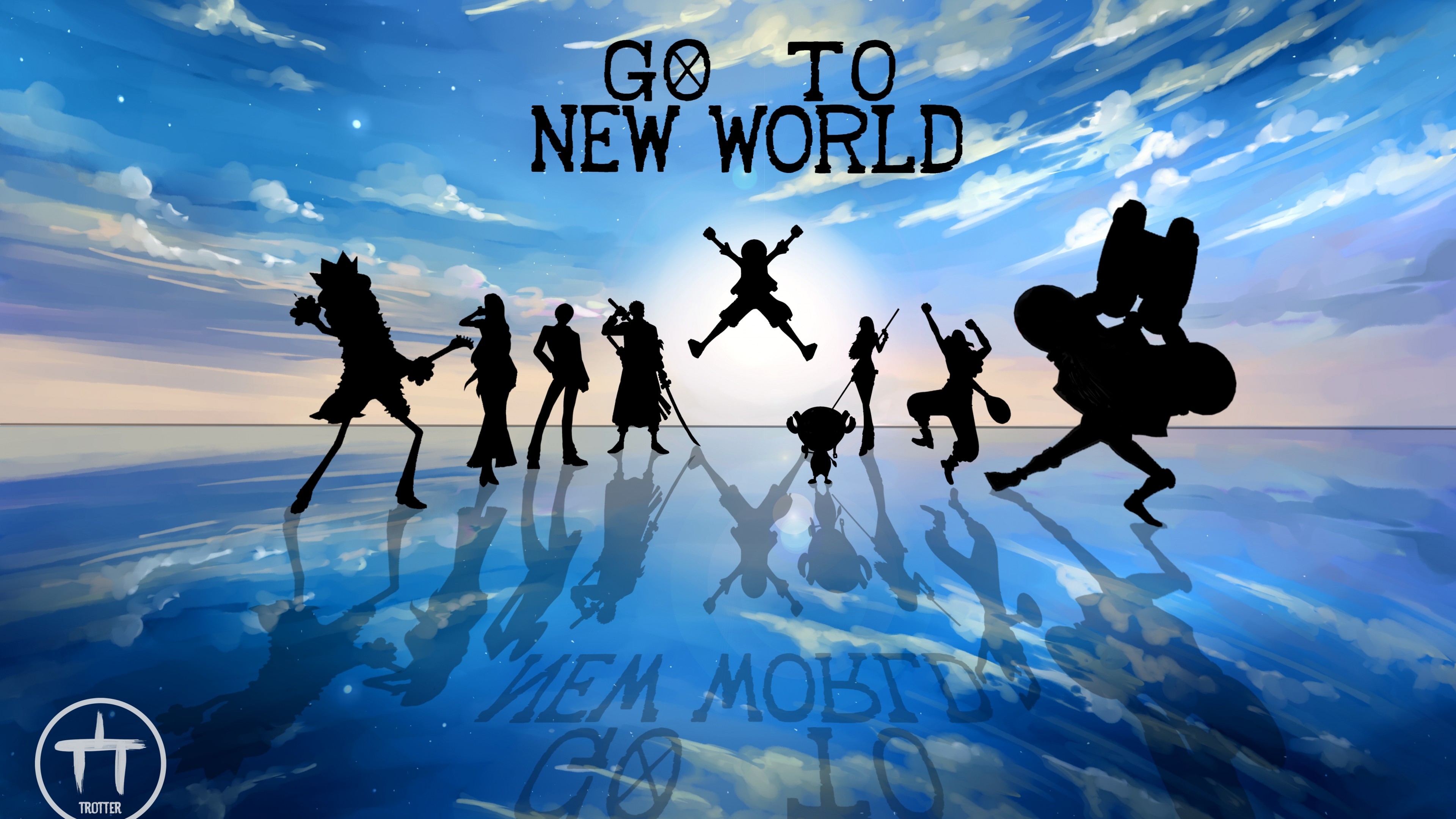 Silhouettes of the Straw Hat Pirates from One Piece against a vibrant blue sky and reflective water surface with the text 'Go To New World'