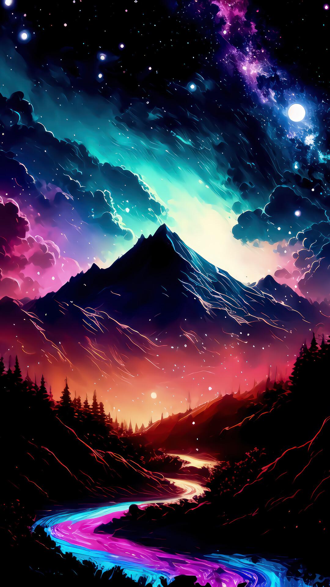 Night Sky Colorful Beautiful Clouds Mountain Valley Art Wallpaper