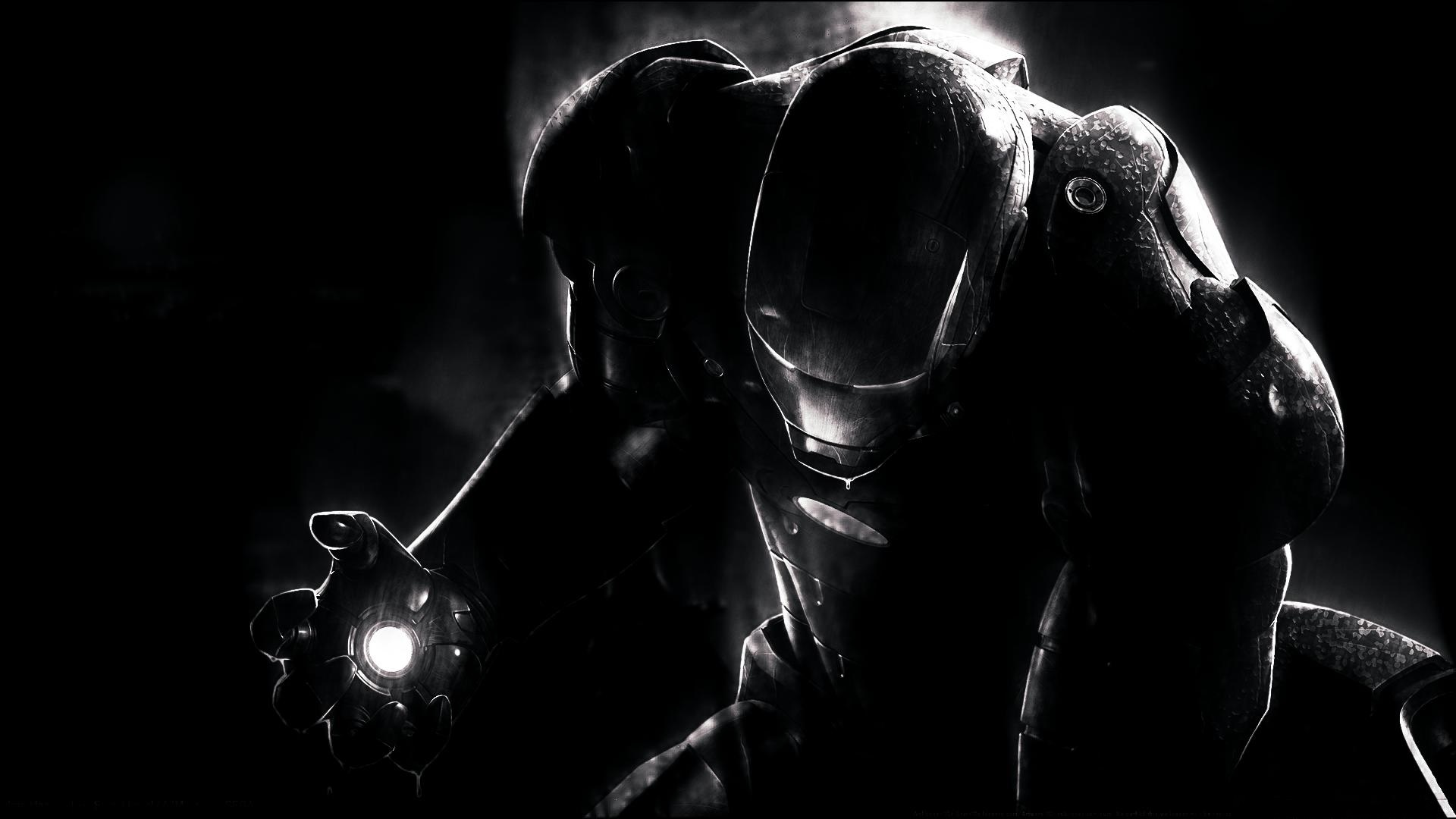 Dark and dramatic wallpaper featuring a shadowy figure, possibly a robot or armored character, against a dark backdrop. A single light source illuminates part of the figure's hand and chest