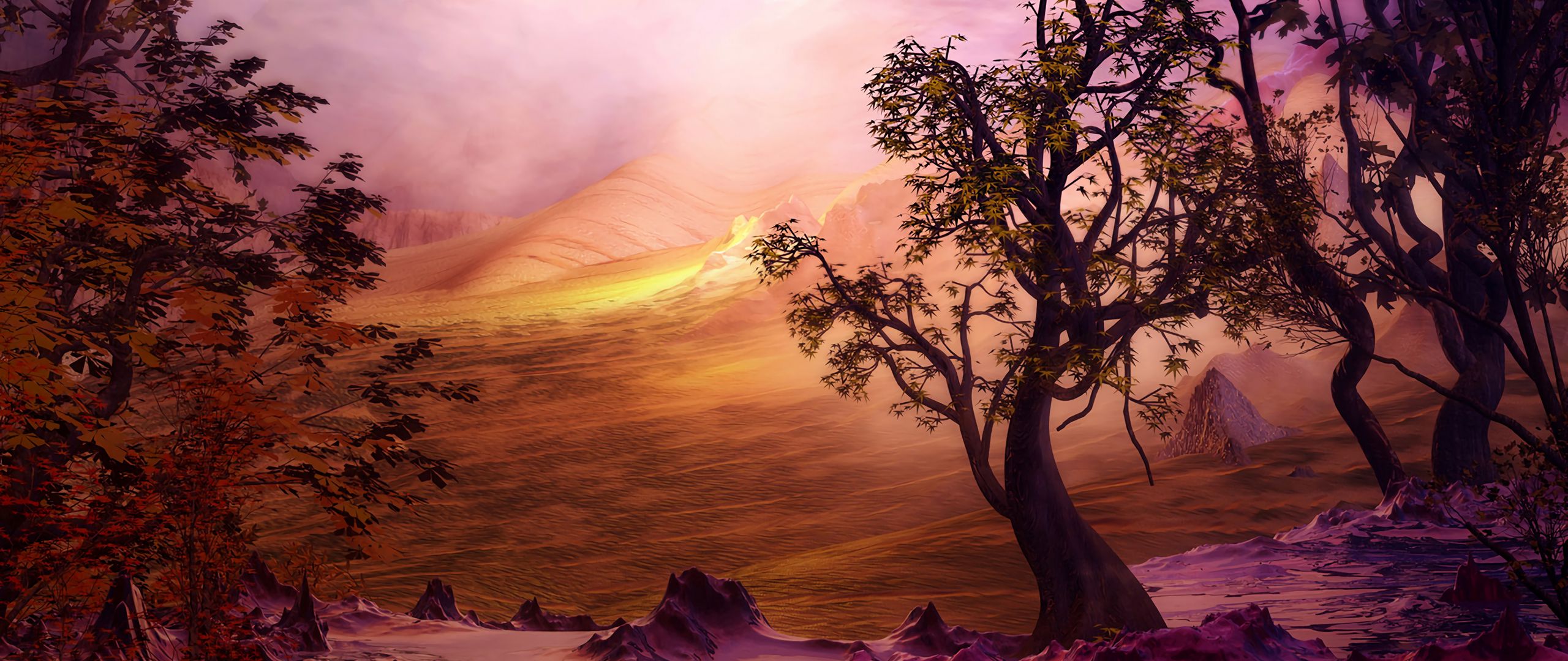 Wallpaper Tree Art Landscape Hills Dual Wide