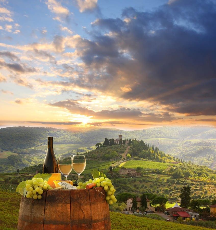 White Wine On A Barrel With Tuscan Background Wallpaper Mural