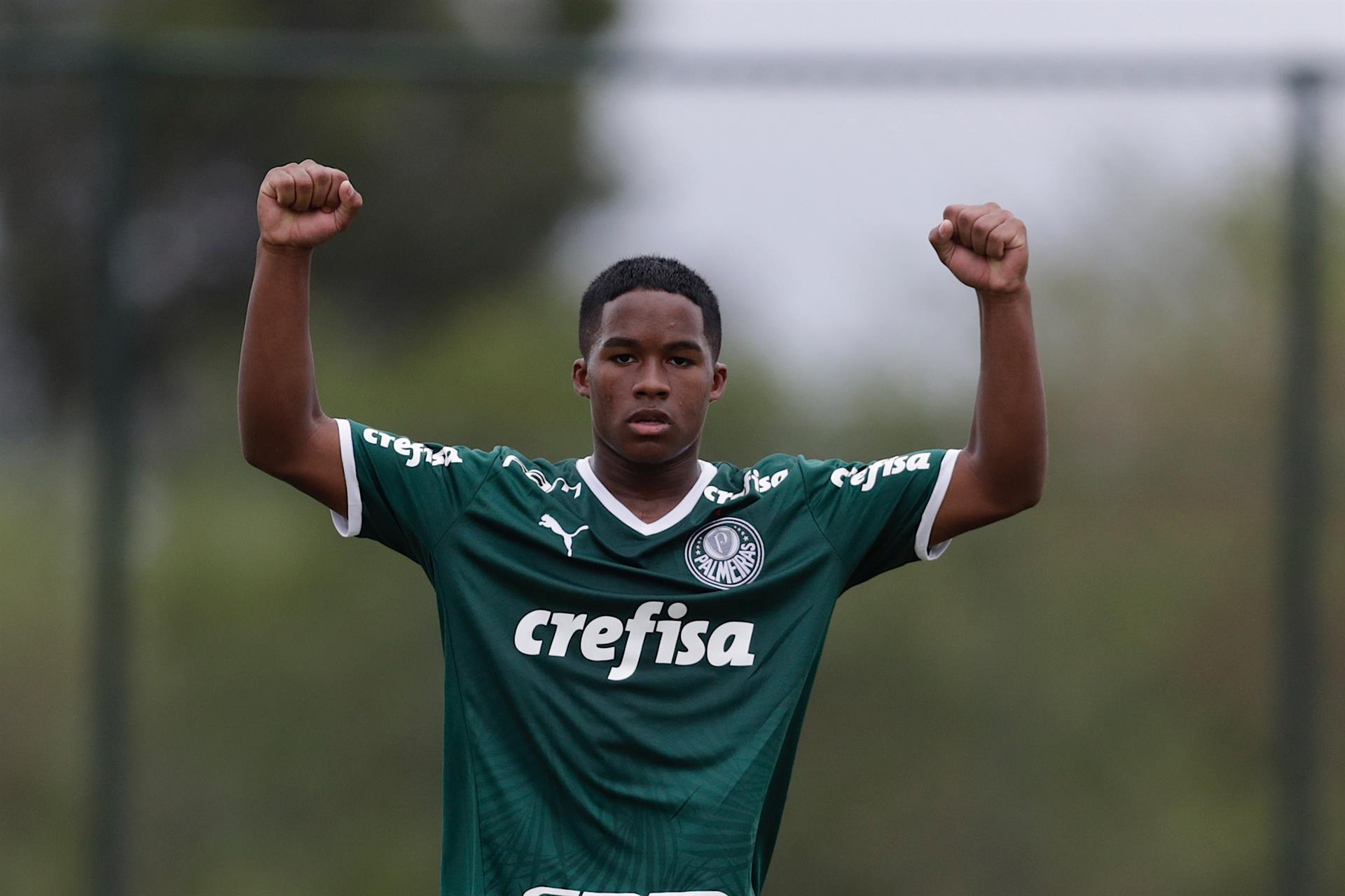 Endrick Felipe celebrating a goal with raised fists