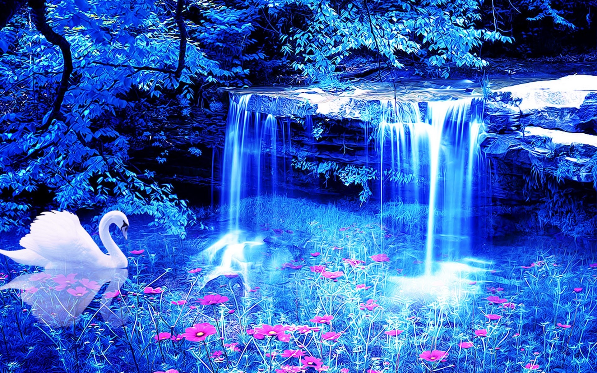 Swan Waterfall Flowers 3d Wallpaper