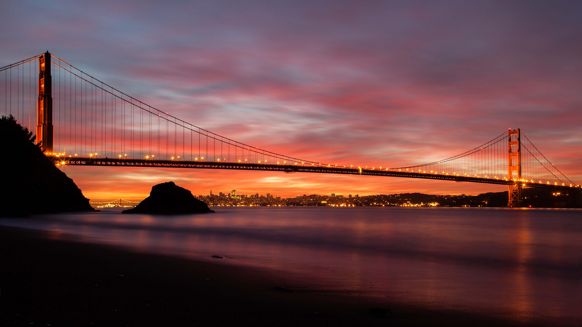 Golden Gate Bridge San Francisco Sunset Beach Shore Ocean