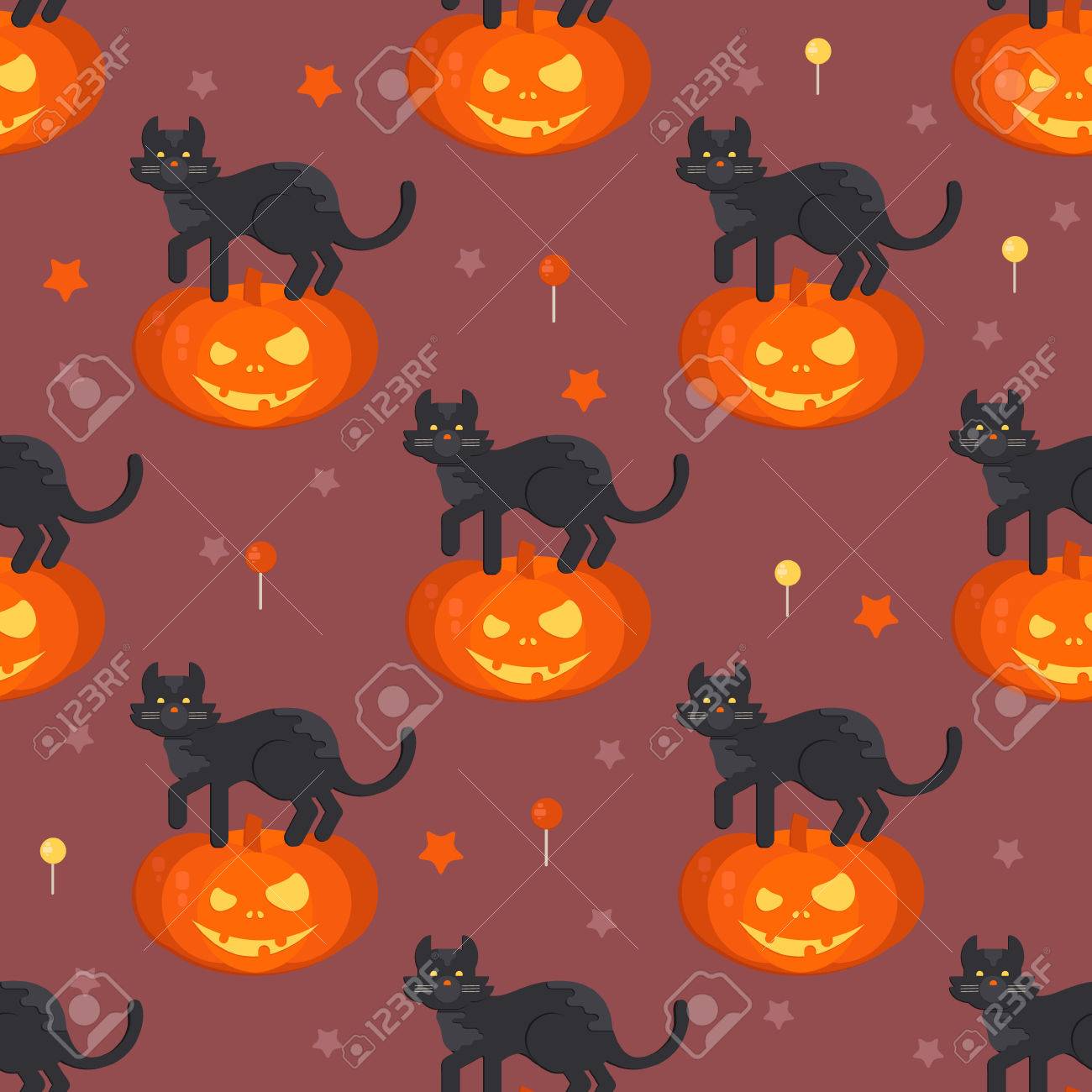 Halloween Pumpkin Head With Black Cat Seamless Pattern
