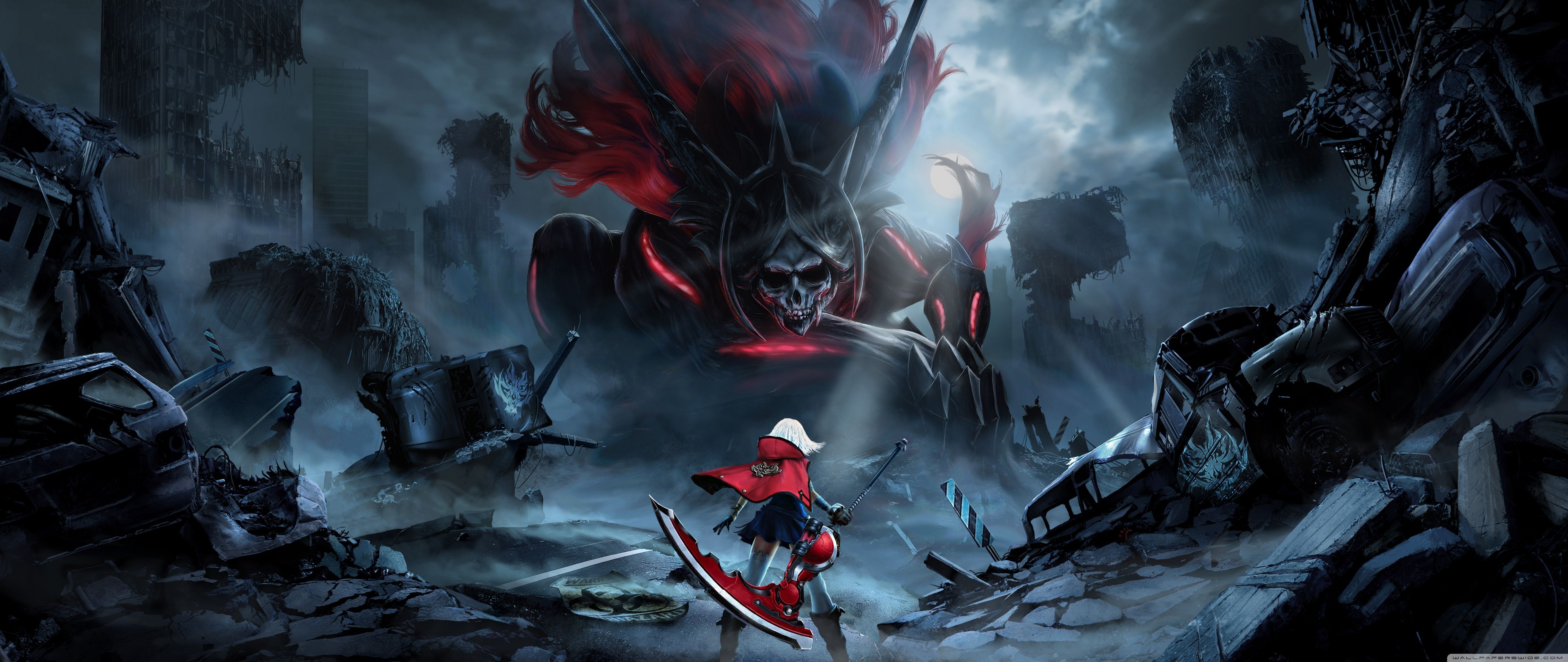 A 4K gaming wallpaper featuring a female character with a red cape and a large scythe facing a giant skeletal monster amidst a destroyed city