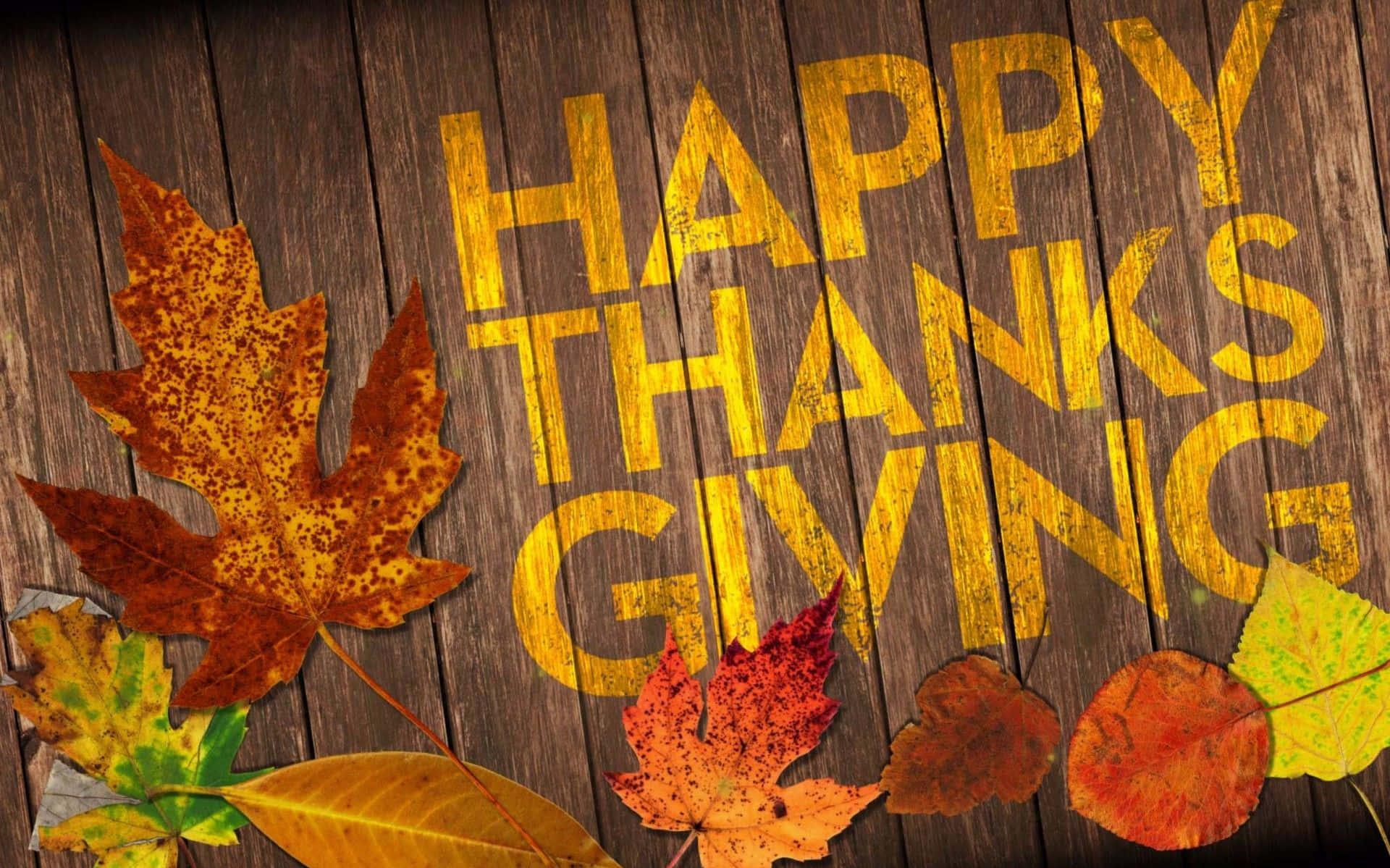 Happy Thanksgiving With Leaves And A Yellow Text
