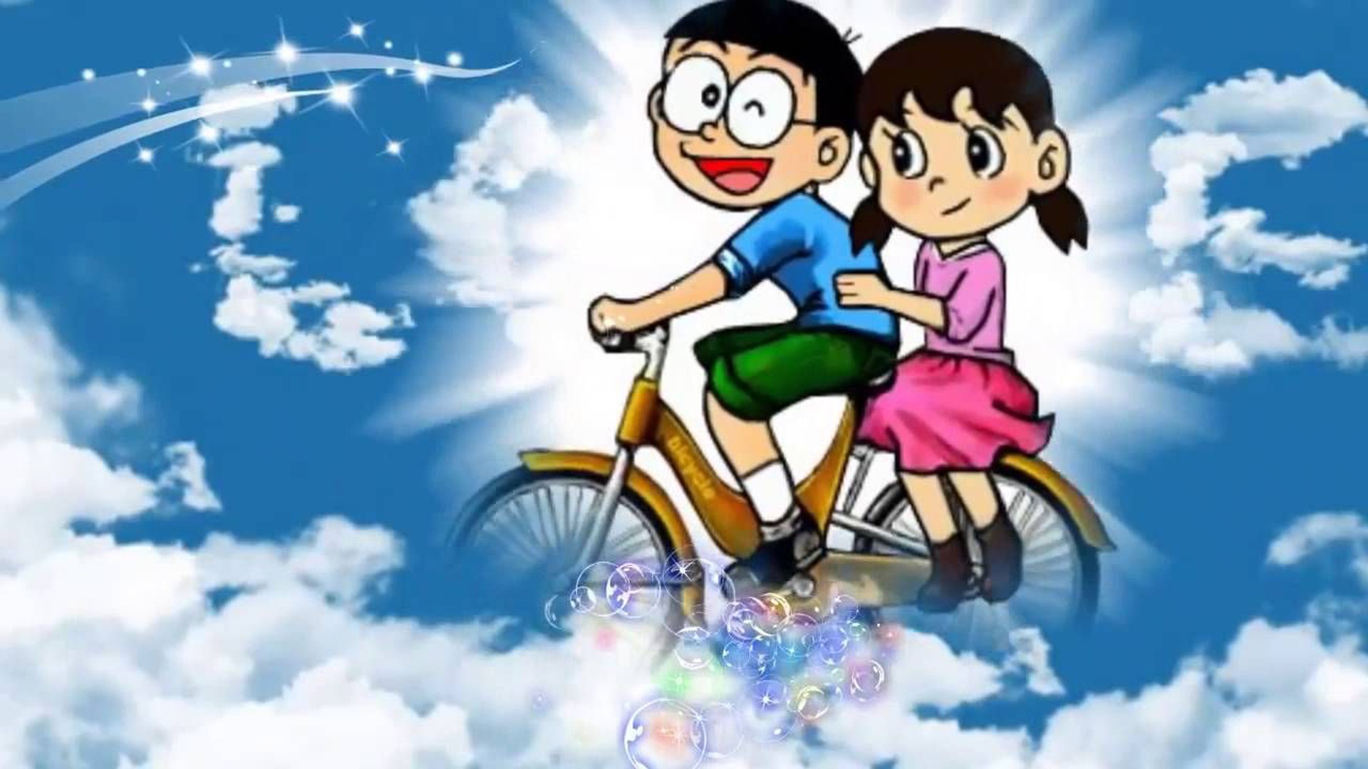 Shizuka On Bicycle In Blue Cloudy Sky HD Wallpaper