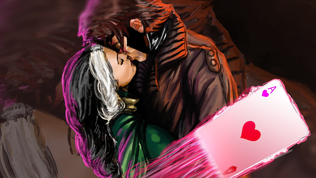 Wallpaper Marvel Heroes Ics Gambit Rogue Kiss Hug Love Girls
