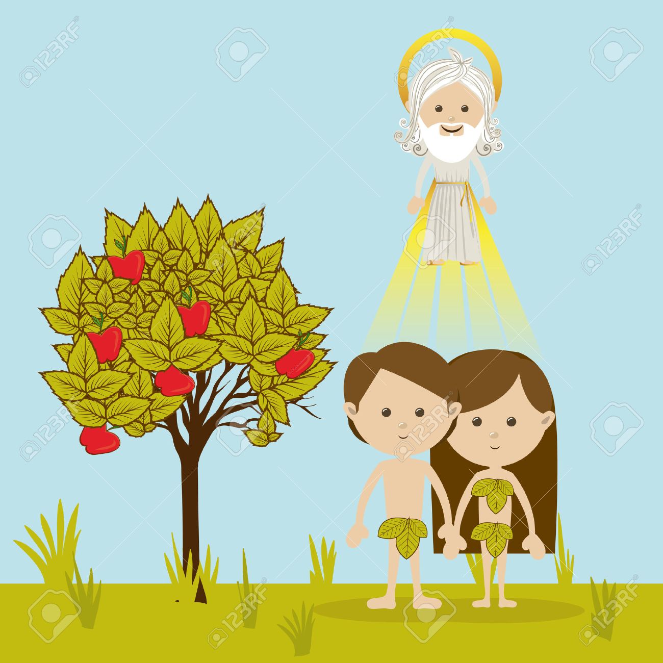 Adam And Eve Over Landscape Background Vector Illustration Royalty