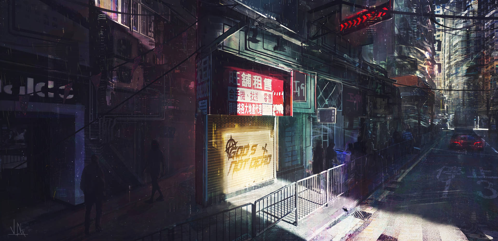 A dark, gritty cyberpunk city street scene with neon signs, graffiti, and shadowy figures