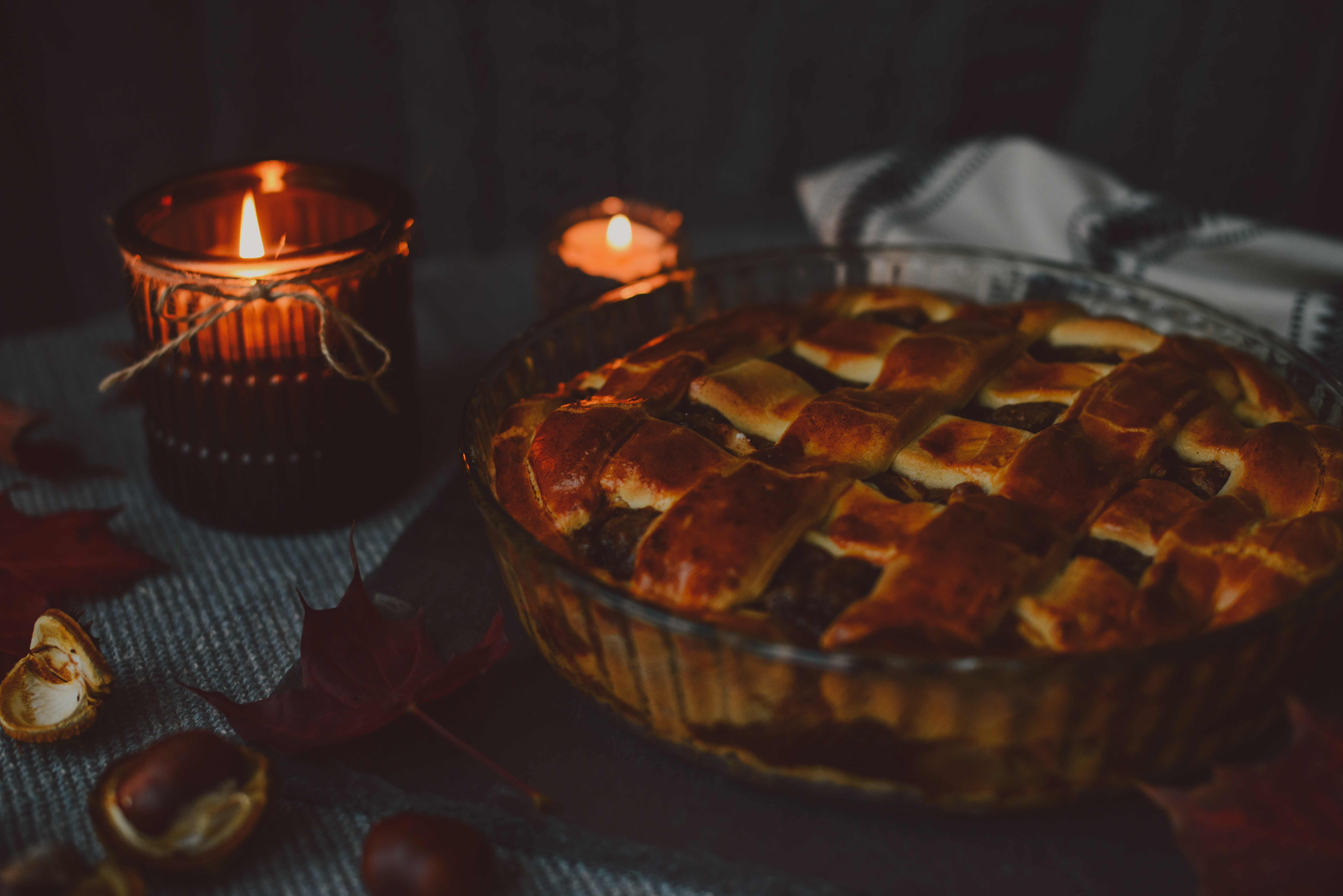 Tasty Meat Pie On A Table With Candles Desktop Wallpaper