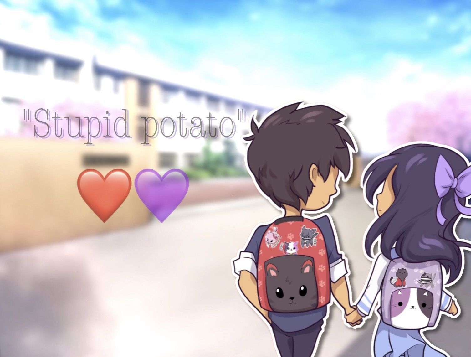 Two anime characters, possibly from Aphmau, walking hand-in-hand. They have matching cat backpacks and are set against a school backdrop
