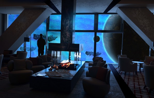 Wallpaper Space Station Interior Seats Fireplace Fire