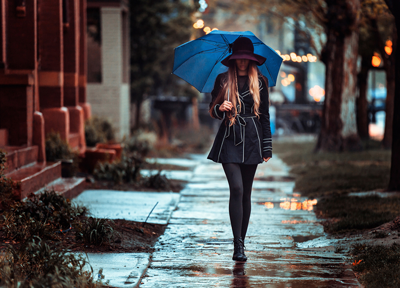 Picture Rainy Day Hat Young Woman Street Umbrella