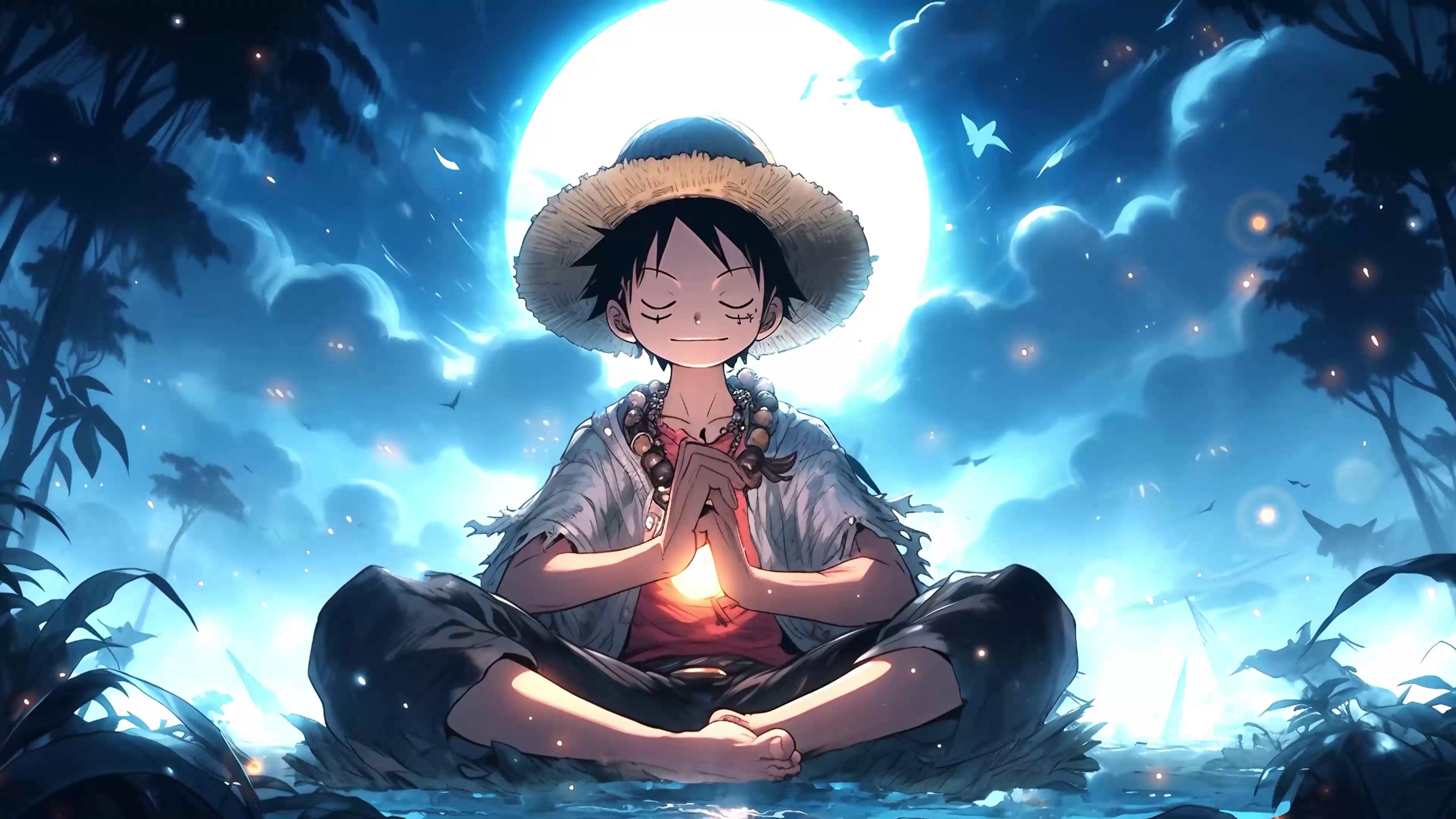 Anime character meditating peacefully under a full moon in a tropical setting, ideal for a live wallpaper
