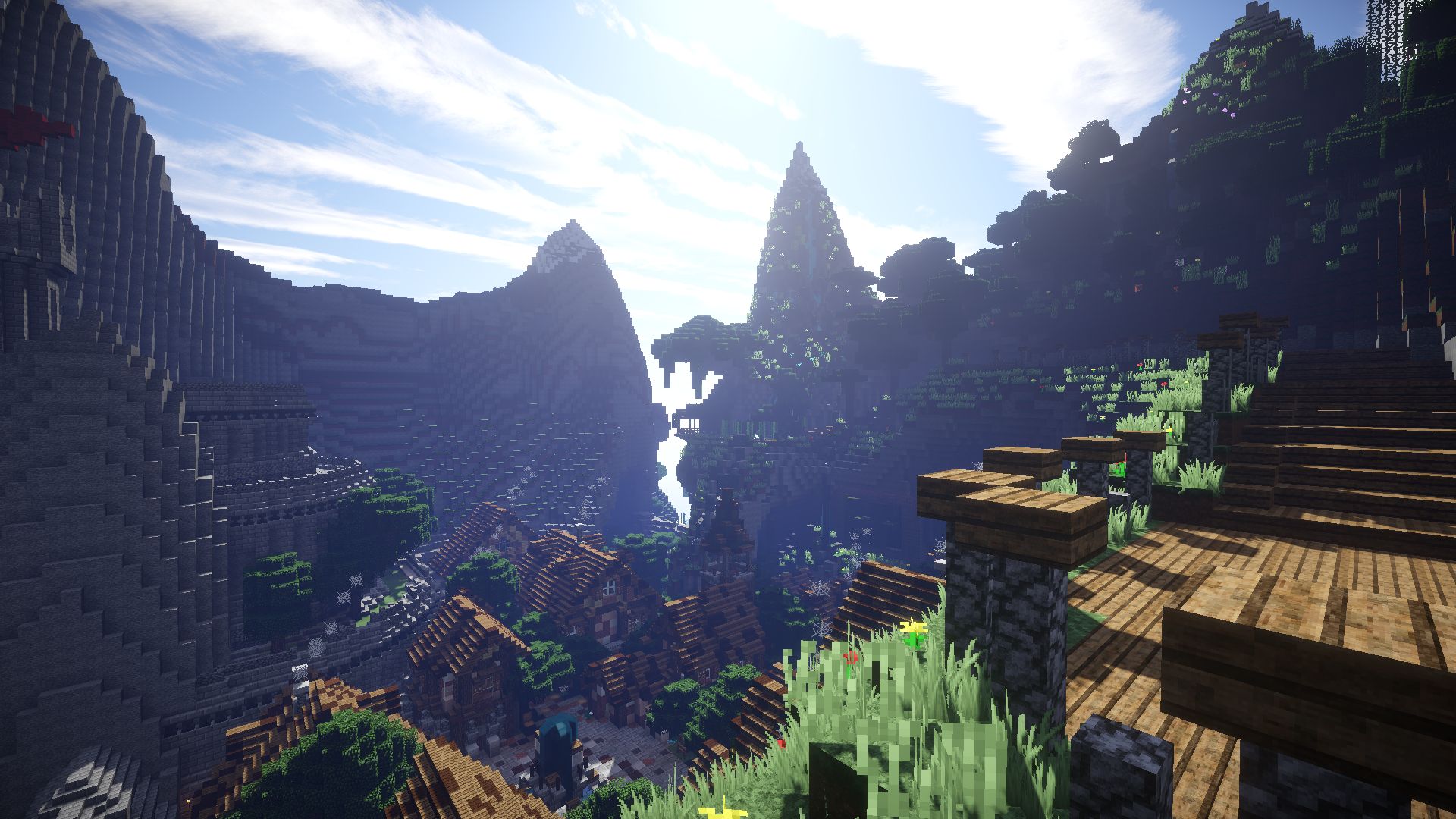 A picturesque Minecraft village nestled between towering mountains, bathed in sunlight