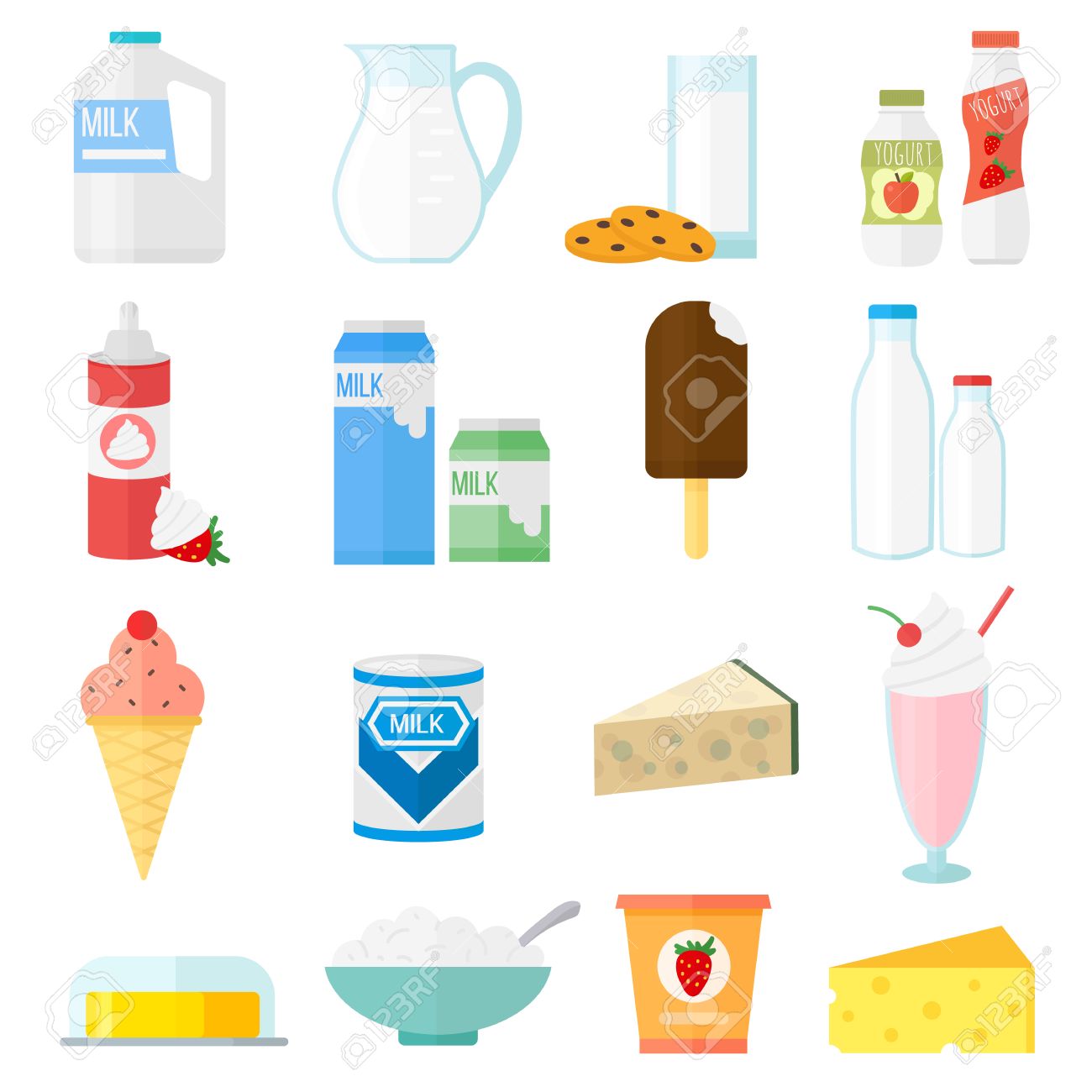 Milk Products Collage Collection Dairy On White