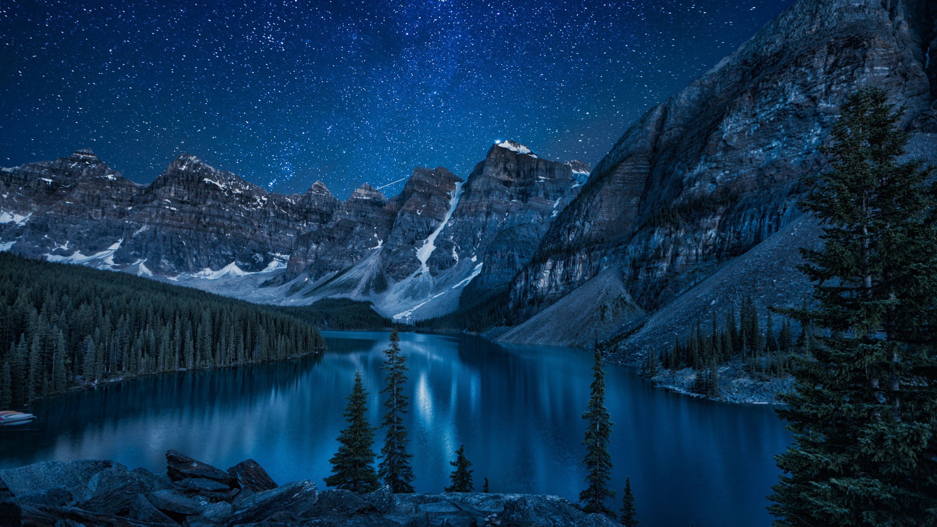 Canada Nature Lake Mountain Trees Forest Stars Landscape Reflection Snow Wallpaper HD
