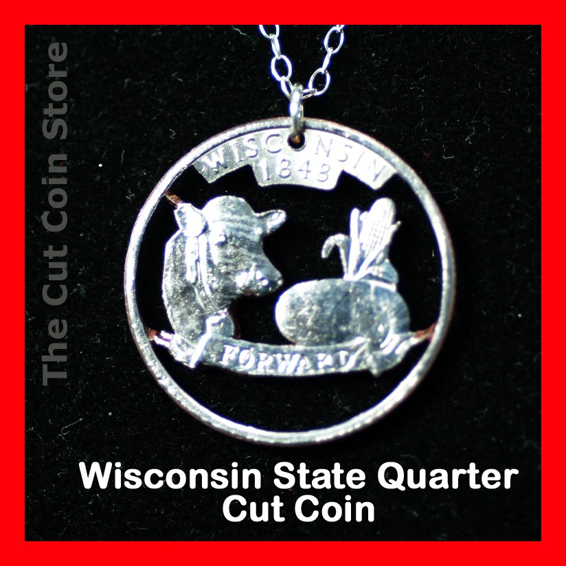  about Wisconsin 25 WI Quarter Cut Coin Necklace Badger State