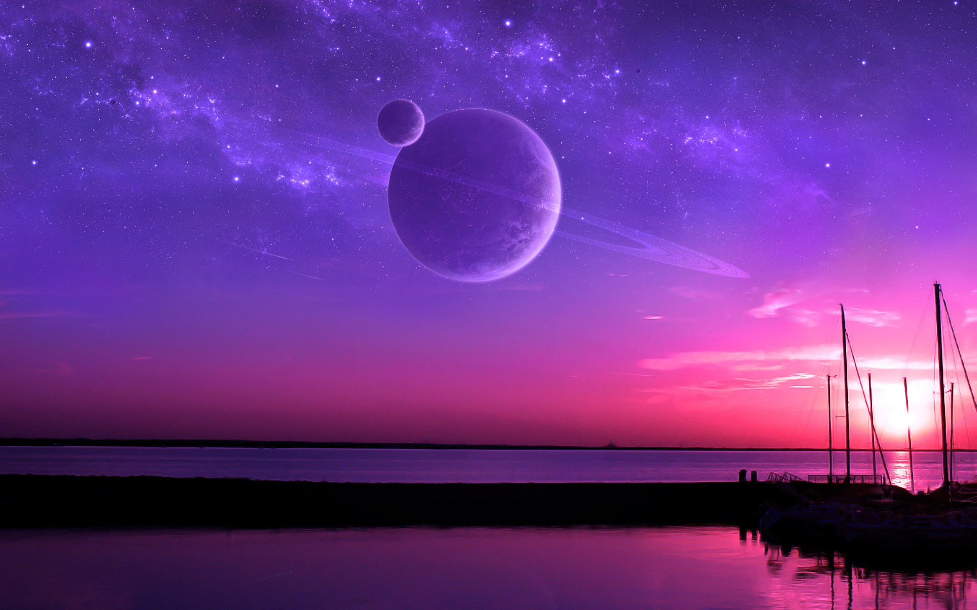 A fantasy landscape with a vibrant pink and purple sunset over a body of water, featuring a large planet with rings and a smaller moon in the sky above