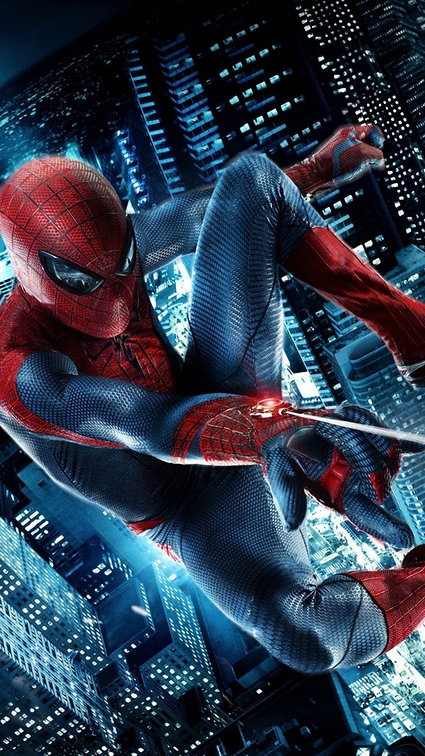Spider-Man swinging through a city at night in a cool phone wallpaper