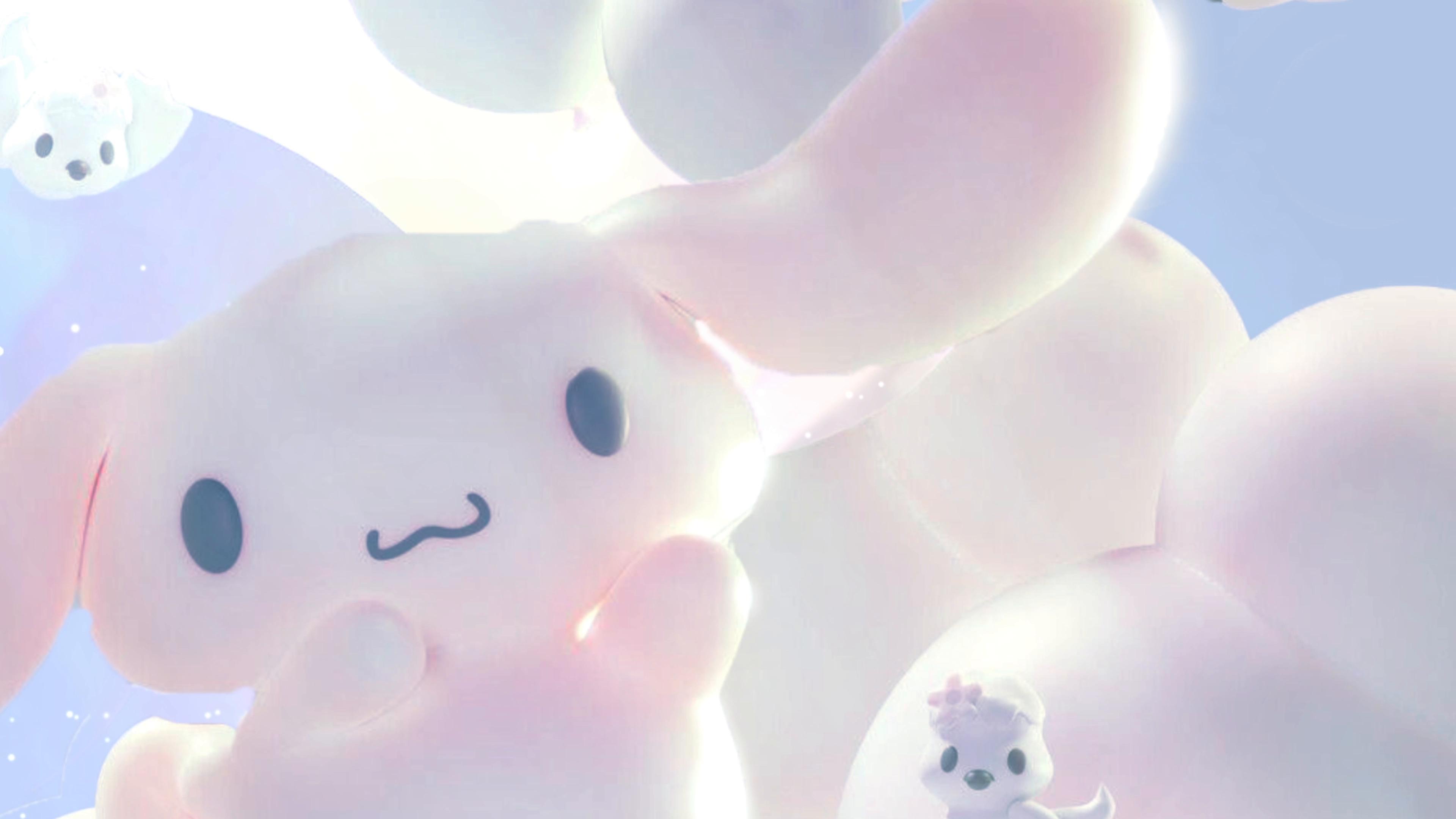 A whimsical, pastel-colored illustration of a cute, Cinnamoroll-like character floating among clouds. The character and clouds have a soft, dreamy quality