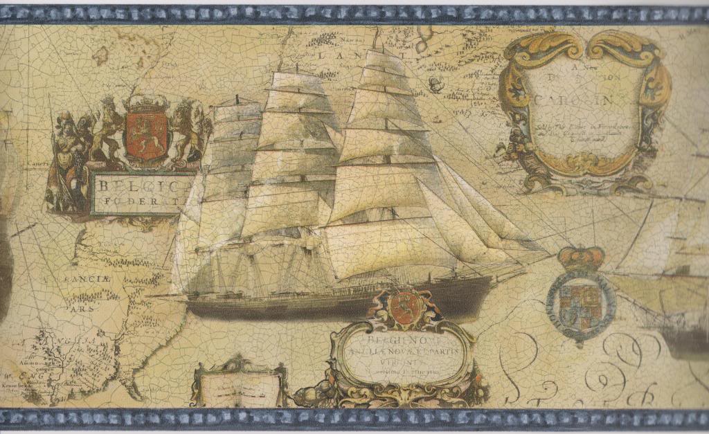 Details about Old World Map Ships Blue Trim Nautical Wallpaper Border