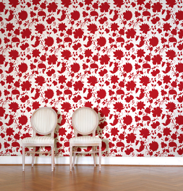 Red Floral Toile Wallpaper Tiles Modern Los Angeles