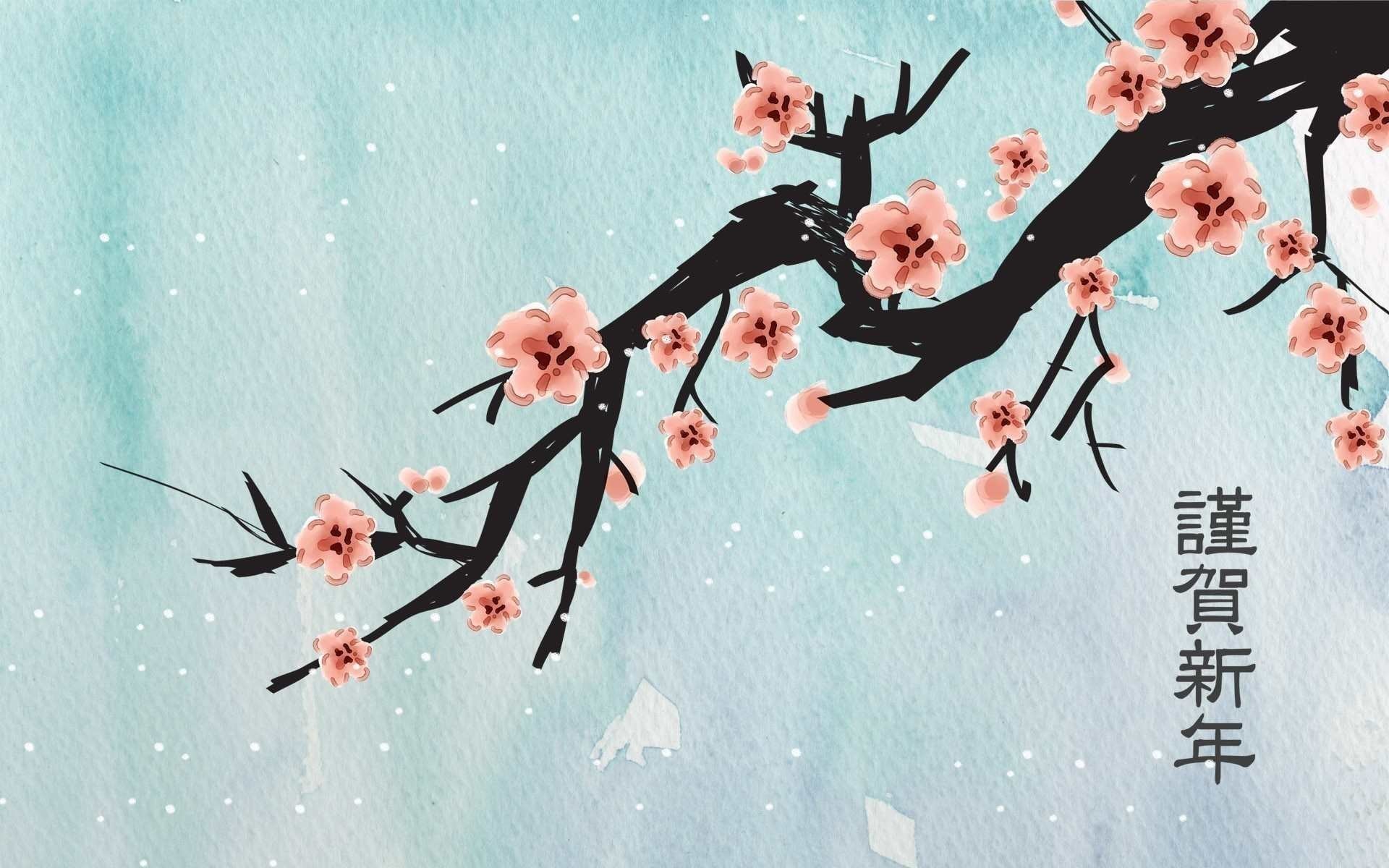 A serene Japanese wallpaper featuring a blossoming cherry blossom branch against a light teal, watercolor background with delicate, falling snow. The image conveys a sense of tranquility and celebrates the arrival of the new year with a traditional Japanese greeting